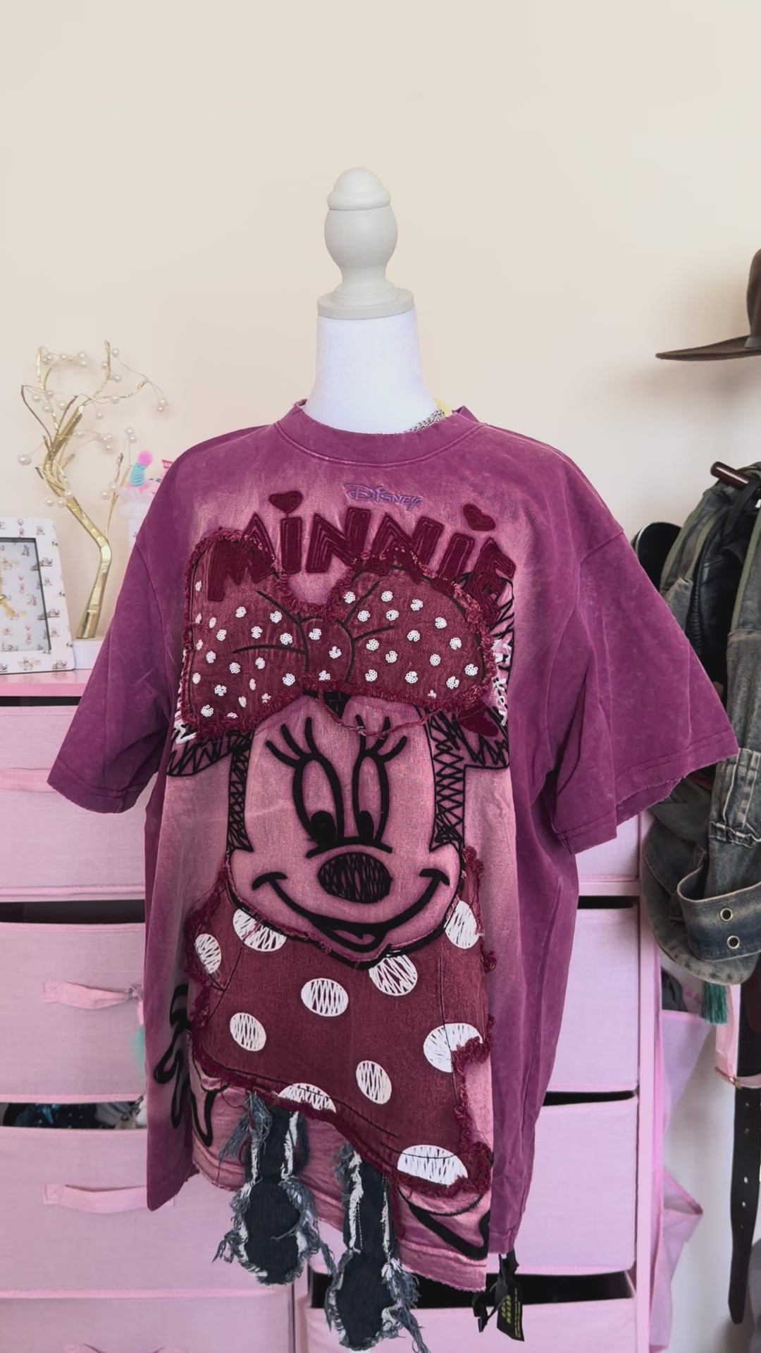 3D Patchwork Acid Wash Oversized T-Shirt – Berry Pink