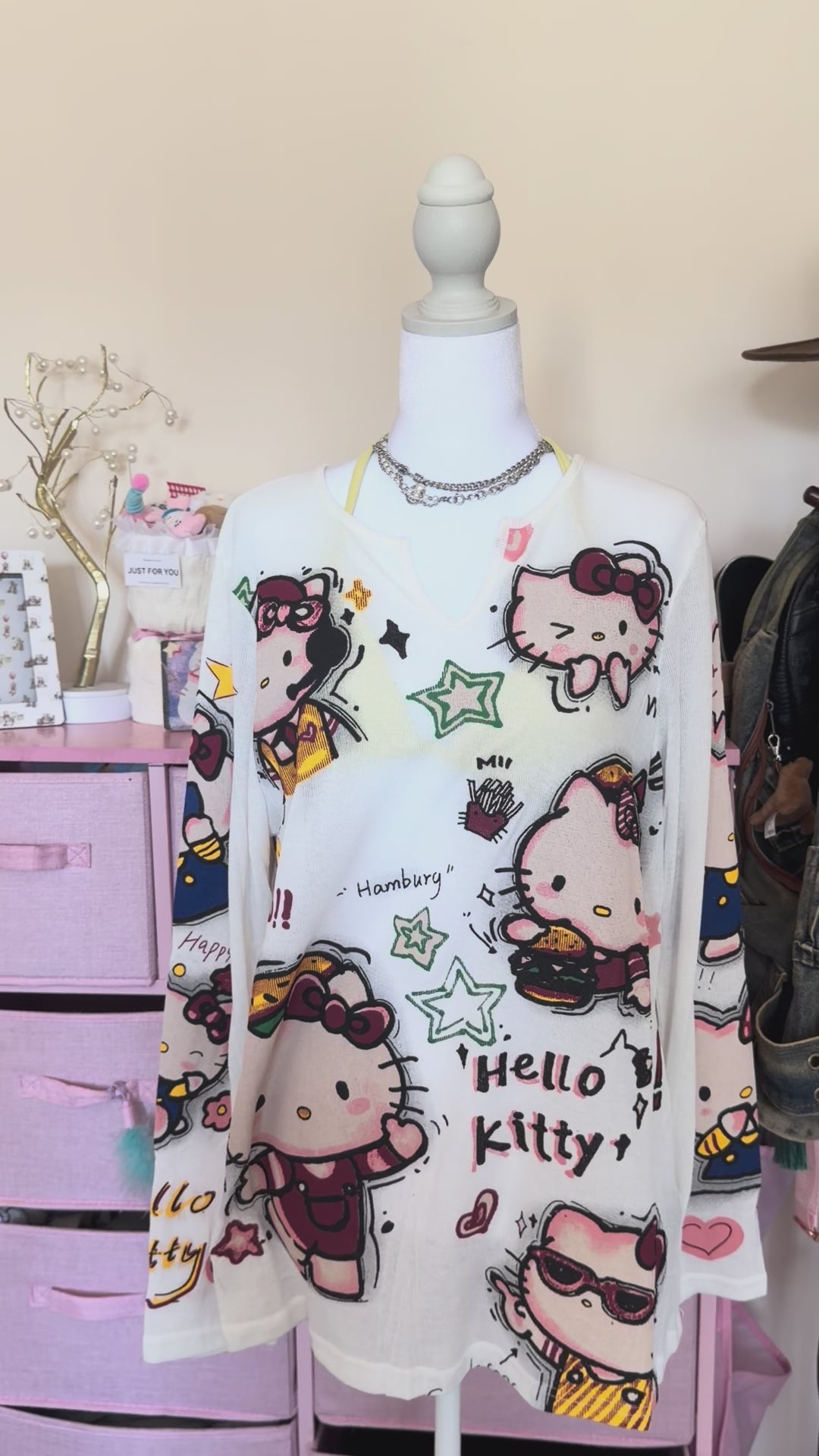 Kawaii Kitty Graphic Sheer Knit Long Sleeve Top | Y2K Harajuku Style