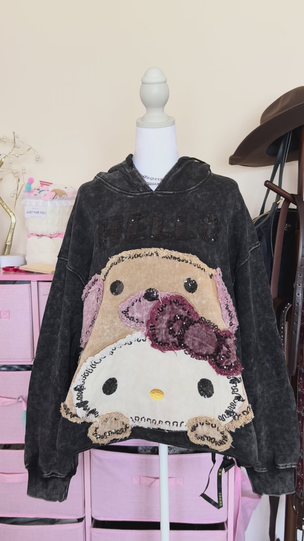 Washed Black Patchwork Graphic Hoodie | Rhinestone Y2K Oversized Sweatshirt