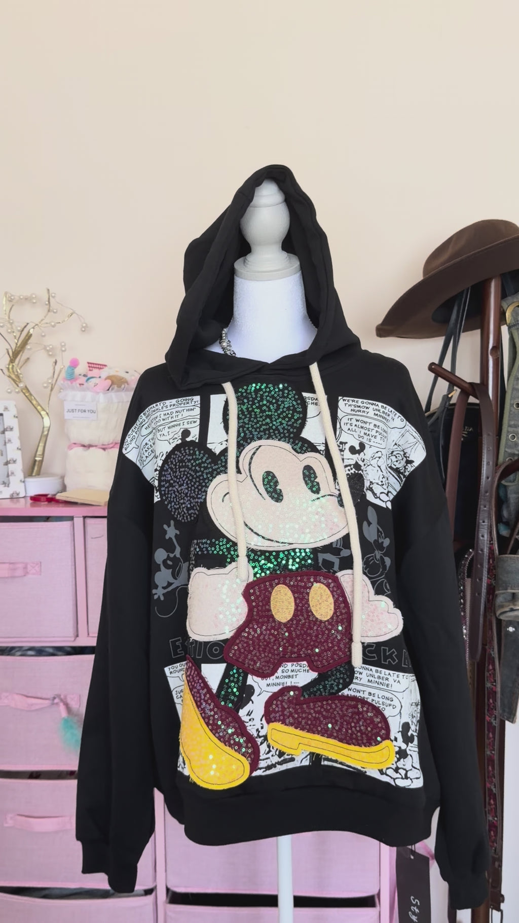 Black Rhinestone Cartoon Graphic Hoodie | Y2K Oversized Comic Sweatshirt