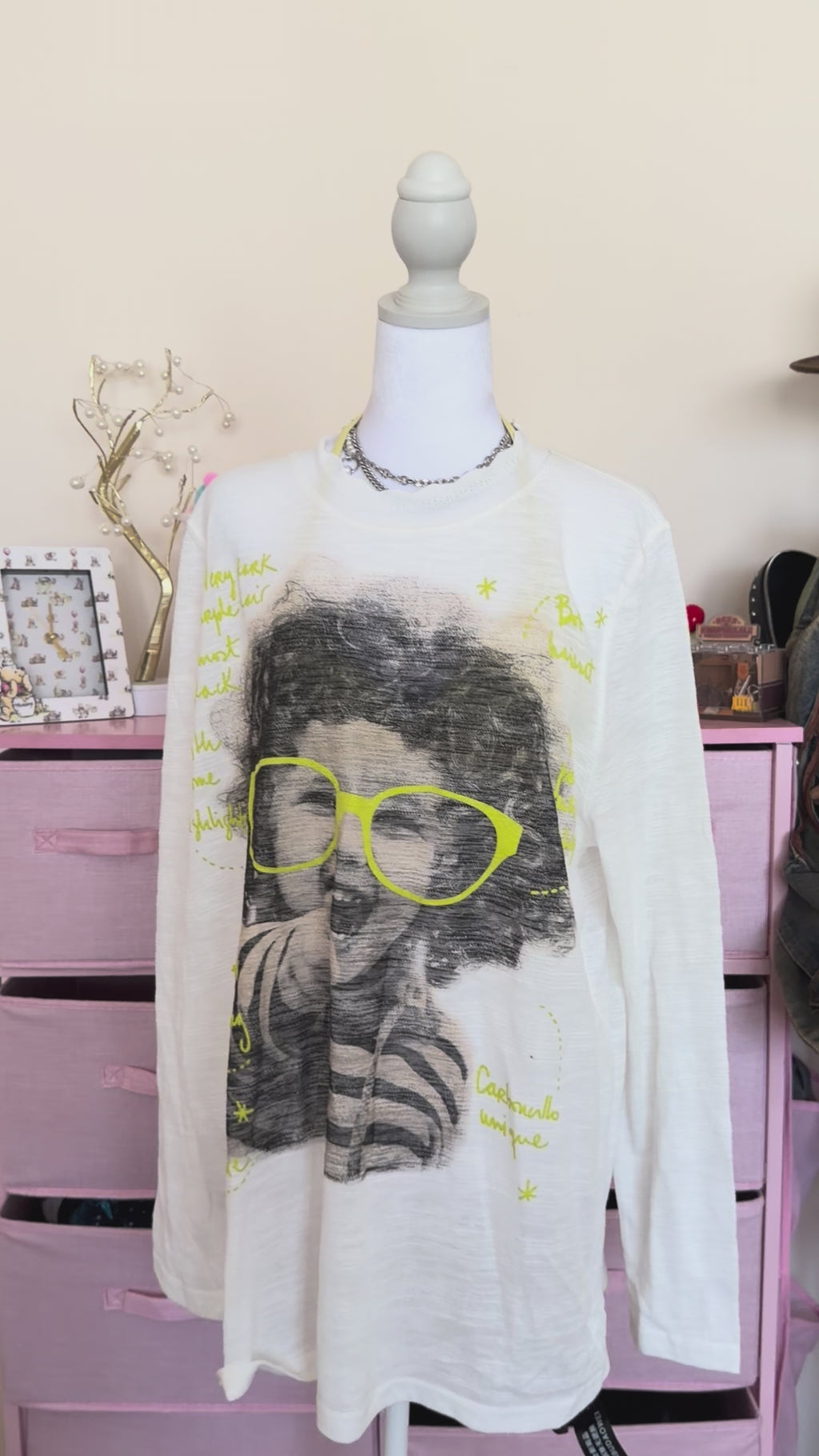 White Graphic Long Sleeve T-Shirt with Neon Glasses Print | Casual Streetwear Top