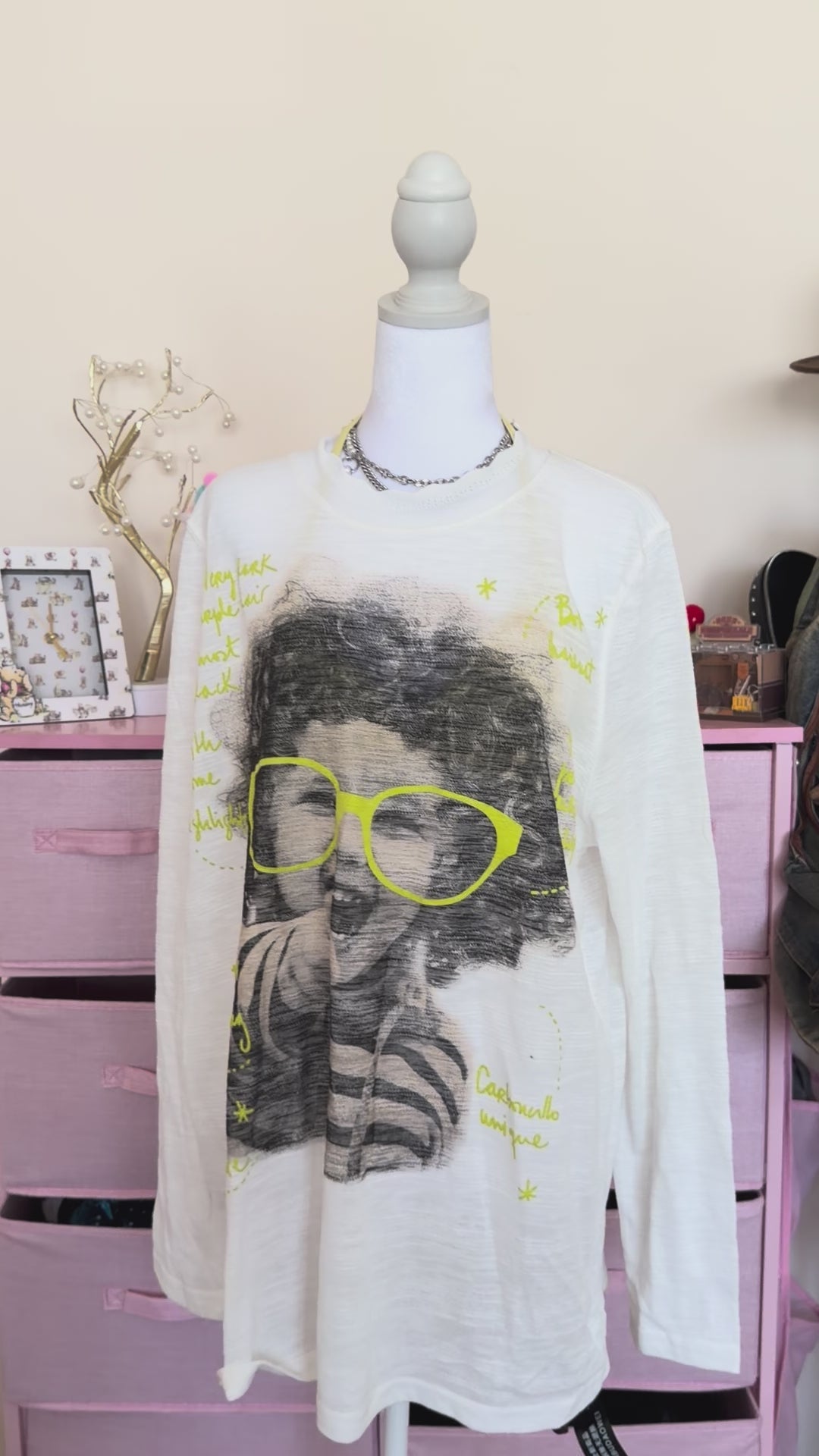White Graphic Long Sleeve T-Shirt with Neon Glasses Print | Casual Streetwear Top