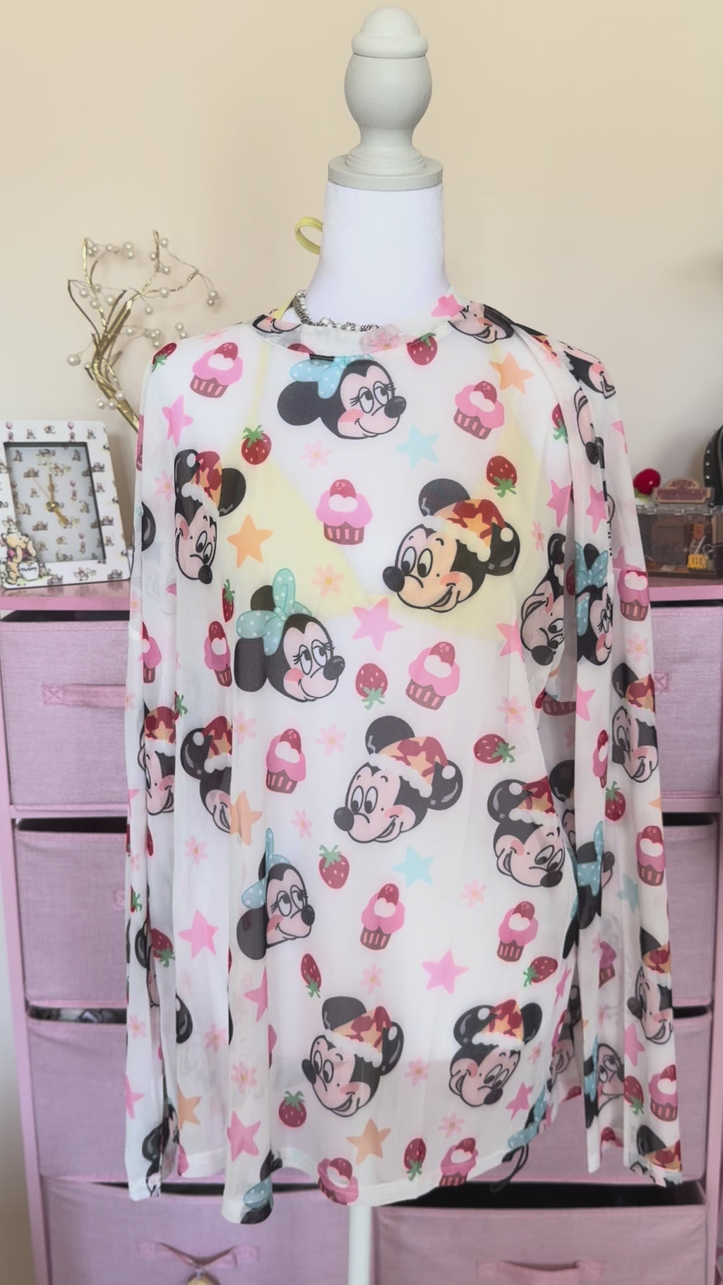 Cute Cartoon Print Sheer Long Sleeve Top | Y2K Kawaii Harajuku